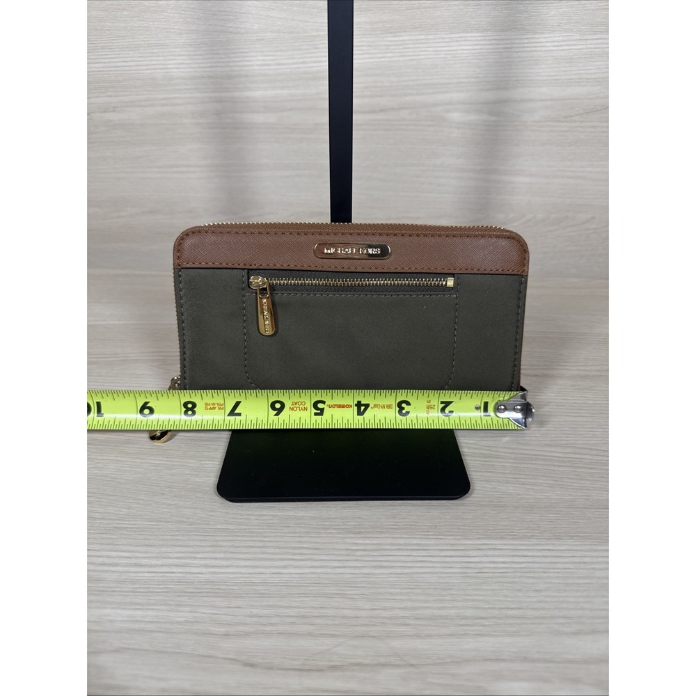 Michael Kors Monogram Jet Set Zip Around Wallet Green Brown 4x8 Canvas & Leather - Picture 2 of 8